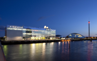 Night view of the BBC and the Glasgow Science Centre at Pacific Quay